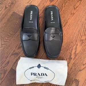 Prada Black Pebbled Leather Slip-On Backless Loafers